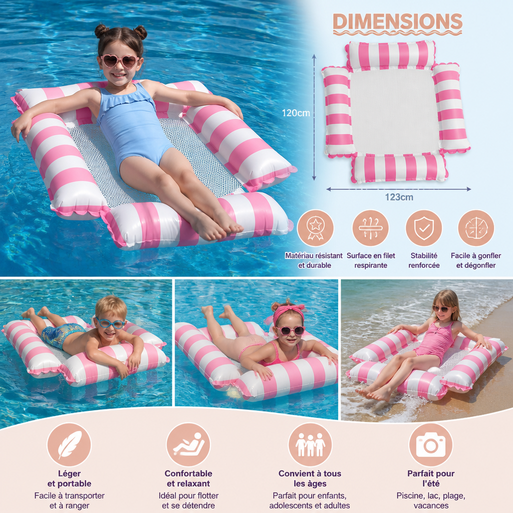 Siège Gonflable de Piscine pour Enfants – Hamac Aquatique à Surface en Filet