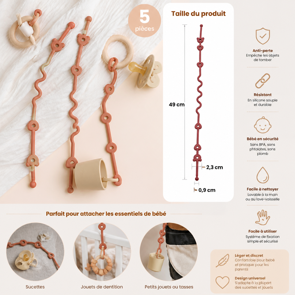 Attache en silicone pour bébé avec protection anti-perte – pour sucettes et jouets (5 pièces)