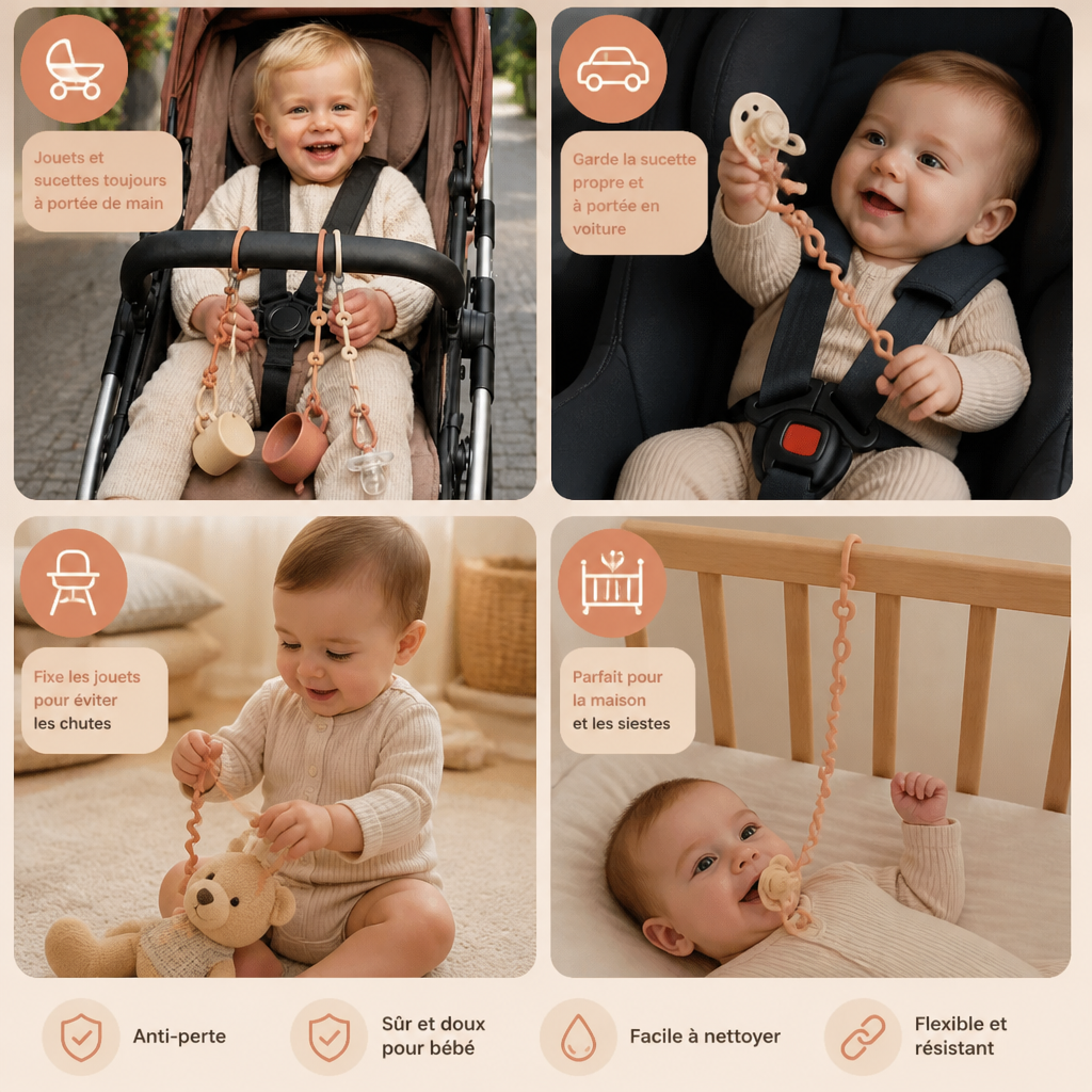 Attache en silicone pour bébé avec protection anti-perte – pour sucettes et jouets (5 pièces)