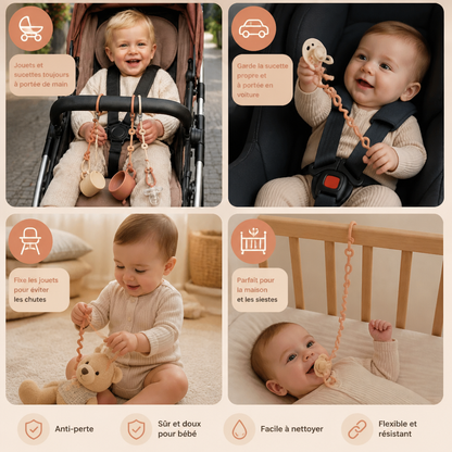 Attache en silicone pour bébé avec protection anti-perte – pour sucettes et jouets (5 pièces)