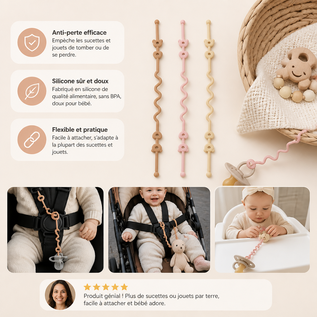 Attache en silicone pour bébé avec protection anti-perte – pour sucettes et jouets (5 pièces)