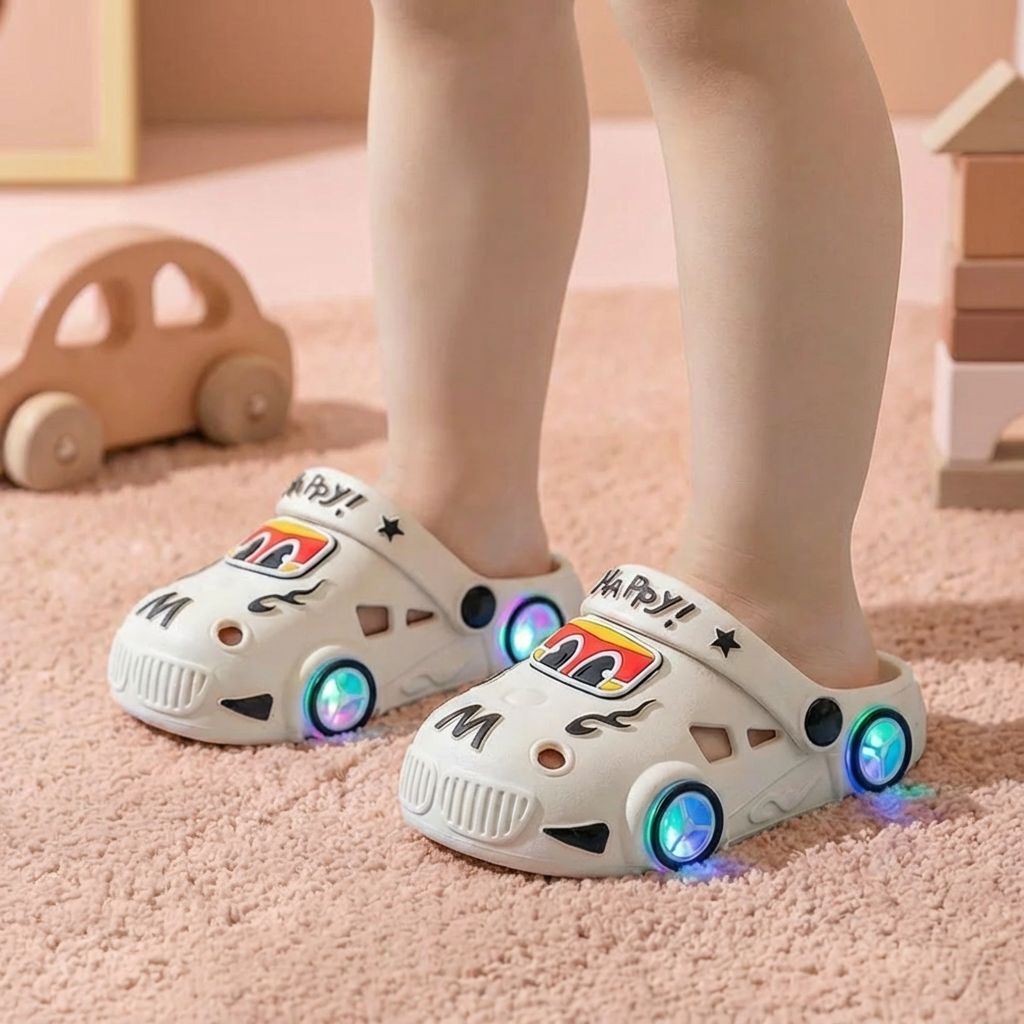Claquettes enfant lumineuses avec motif voiture – sandales de bain avec semelle antidérapante