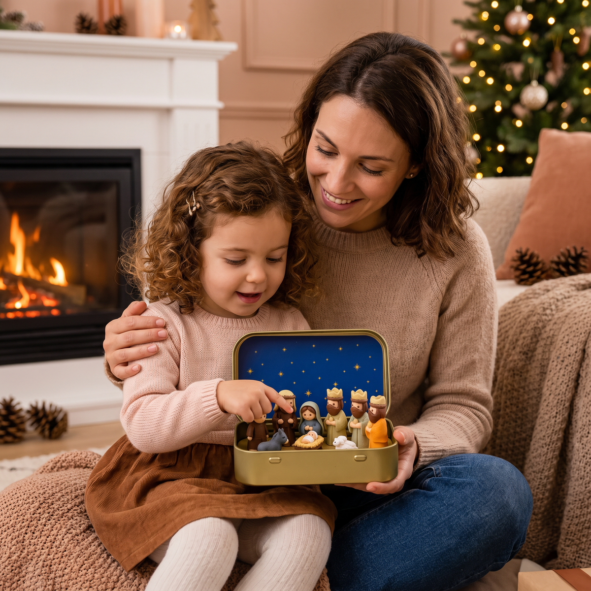 Mini Crèche de Noël en Boîte – Set de Figurines de Noël Peintes à la Main