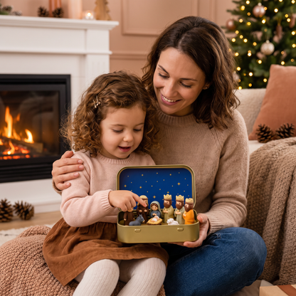 Mini Crèche de Noël en Boîte – Set de Figurines de Noël Peintes à la Main