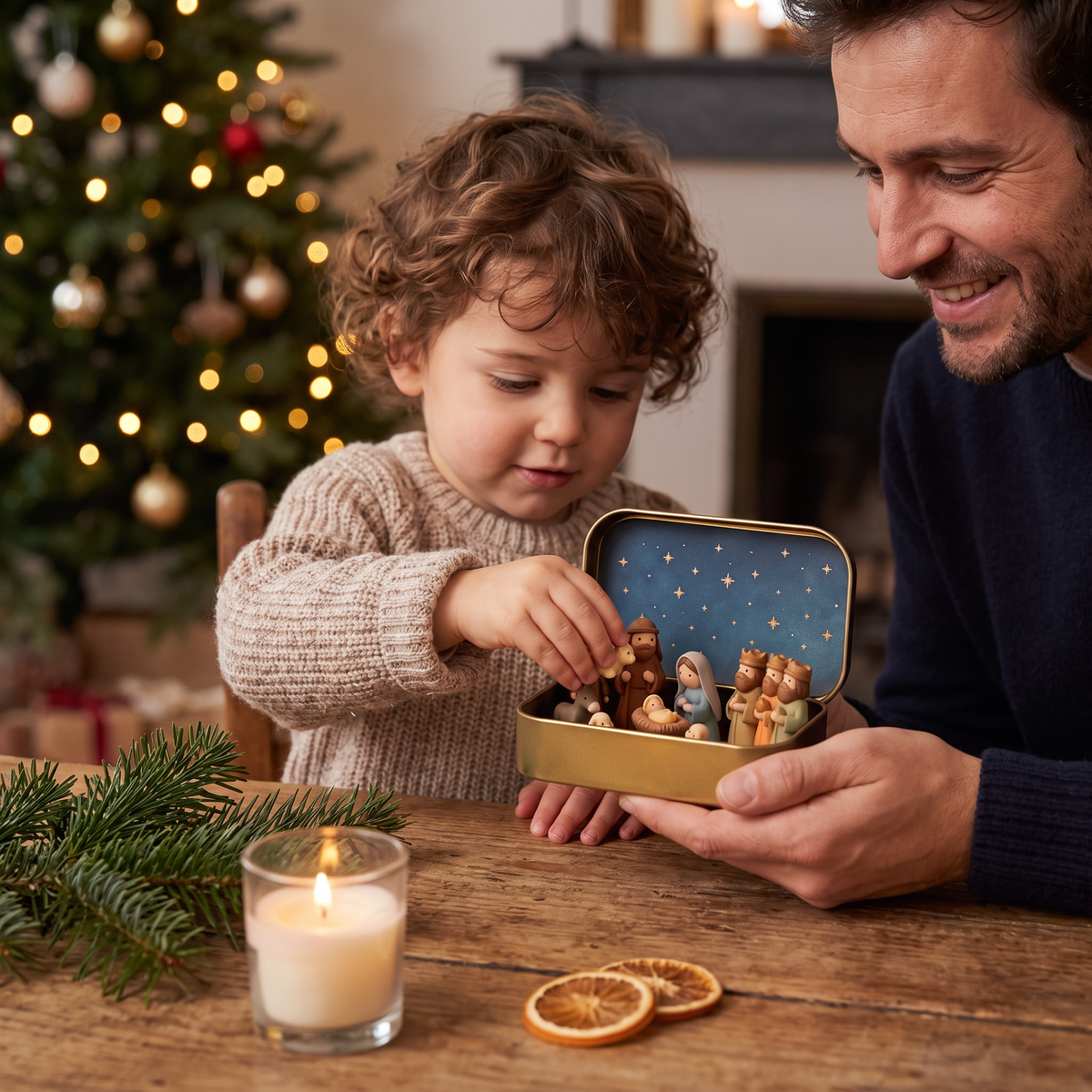 Mini Crèche de Noël en Boîte – Set de Figurines de Noël Peintes à la Main