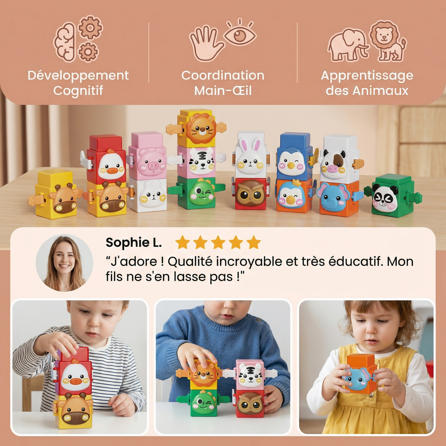 Jeu de Construction Montessori Pédagogique avec Animaux à Empiler