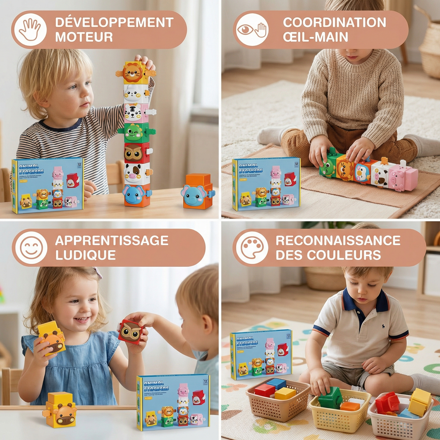 Jeu de Construction Montessori Pédagogique avec Animaux à Empiler