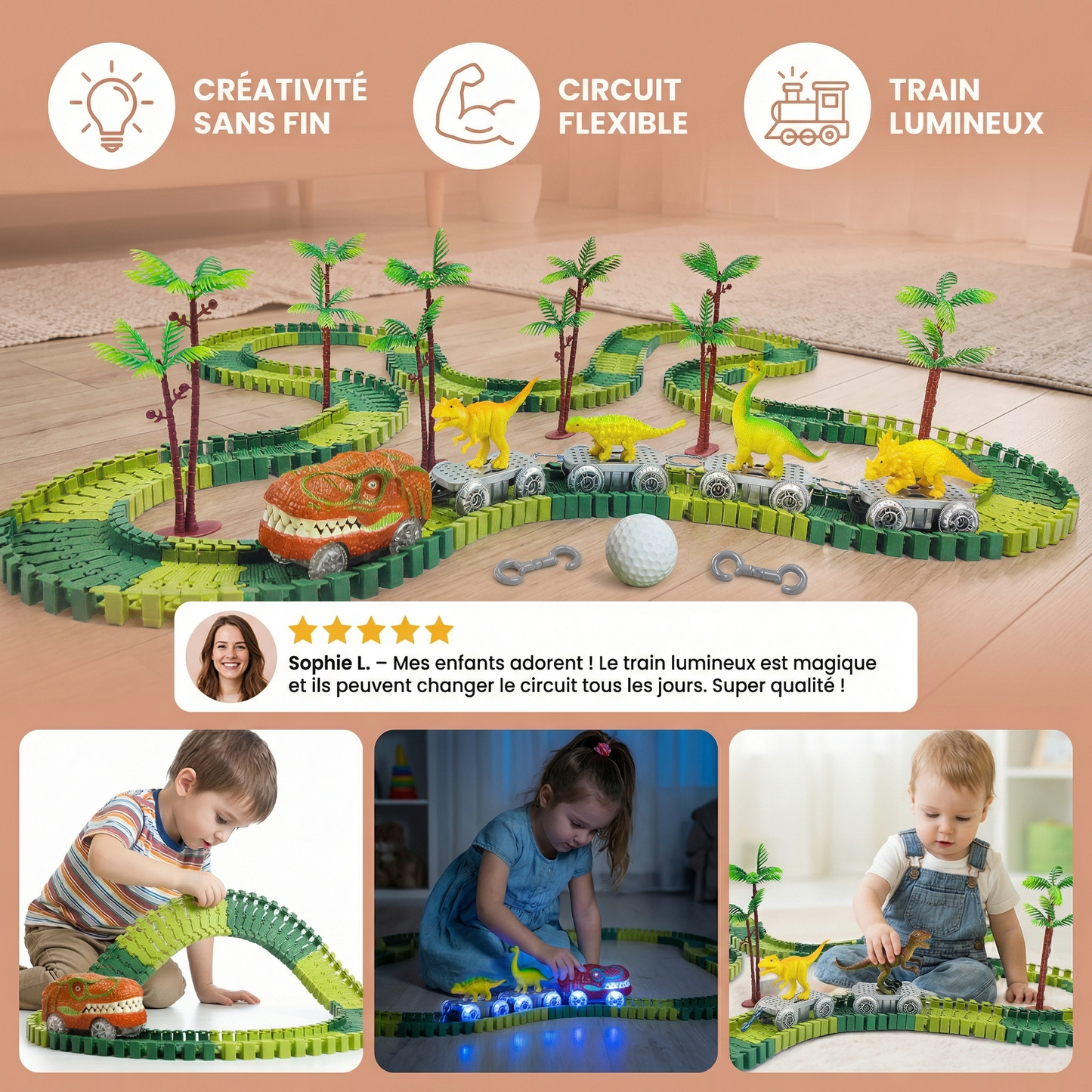 Aventure de dinosaures – Circuit flexible avec train lumineux
