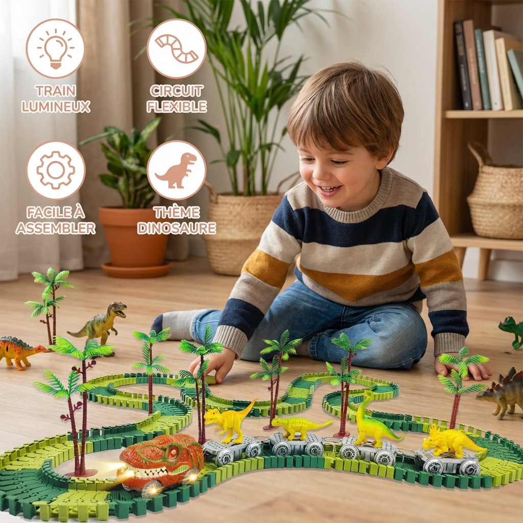 Aventure de dinosaures – Circuit flexible avec train lumineux
