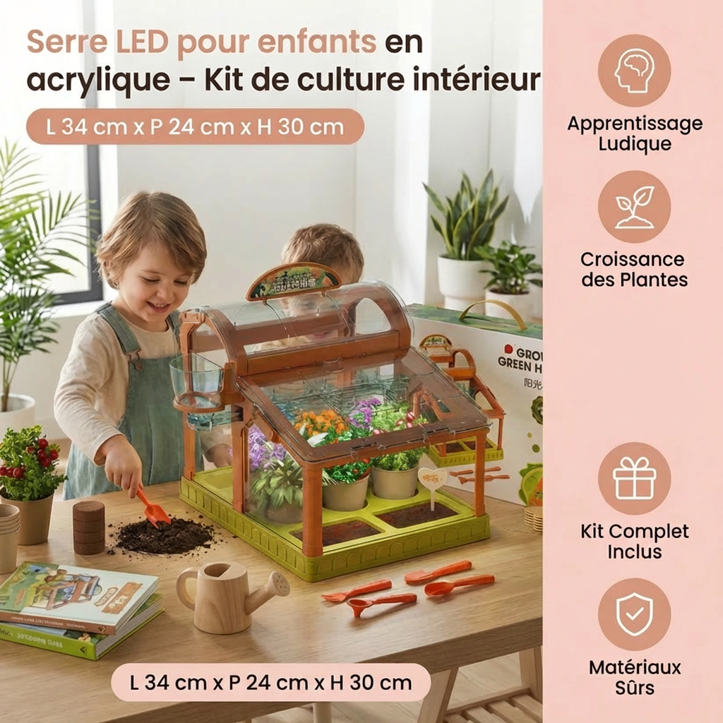 Serre LED pour enfants en acrylique – Kit de culture intérieur pour apprentissage ludique et croissance des plantes