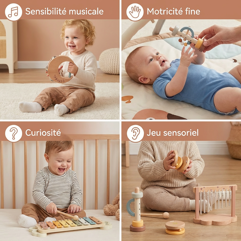 Ensemble musical sensoriel en bois pour bébé – jouet musical et sonore 6 pièces