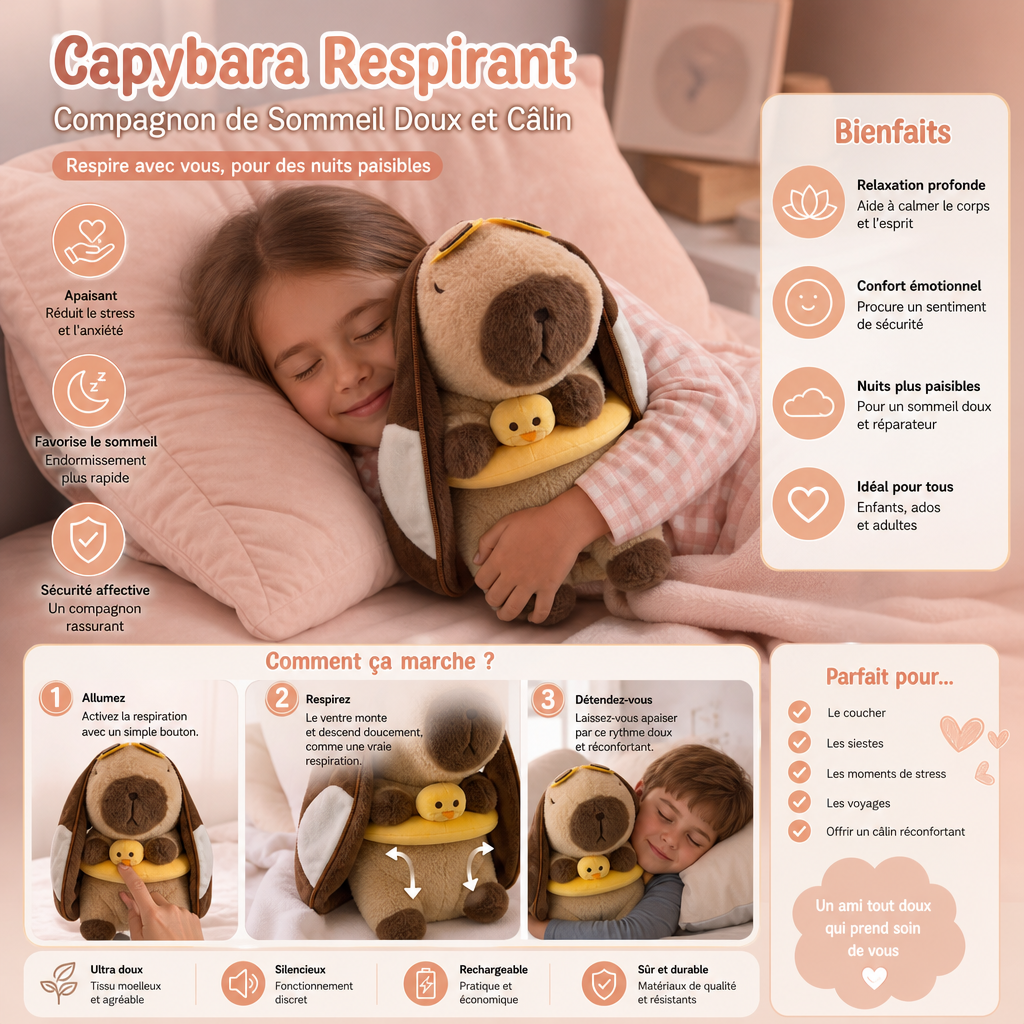 Peluche Capybara Respirant – Compagnon de Sommeil Doux et Câlin