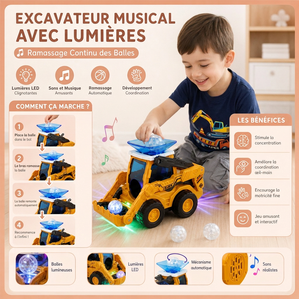 Excavateur Jouet Musical avec Lumières et Fonction de Ramassage Continu des Balles