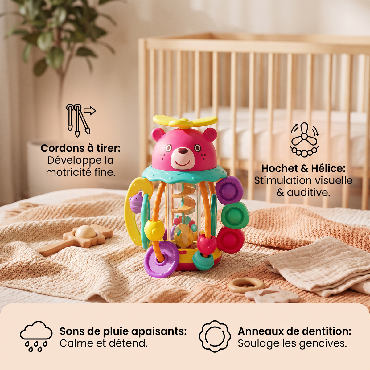 Jouet de Dentition Multisensoriel 3-en-1 pour Bébés avec Cordons à Tirer, Hochet et Sons de Pluie