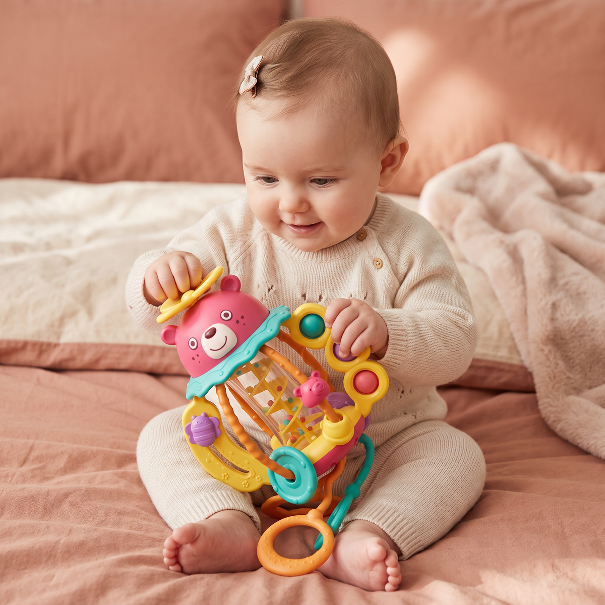 Jouet de Dentition Multisensoriel 3-en-1 pour Bébés avec Cordons à Tirer, Hochet et Sons de Pluie