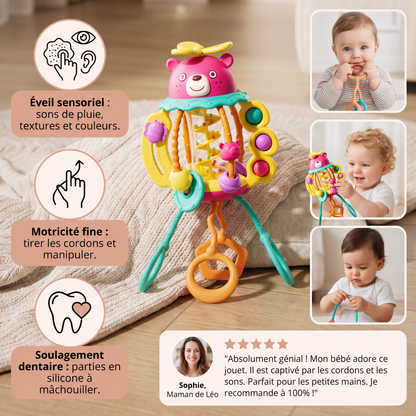 Jouet de Dentition Multisensoriel 3-en-1 pour Bébés avec Cordons à Tirer, Hochet et Sons de Pluie