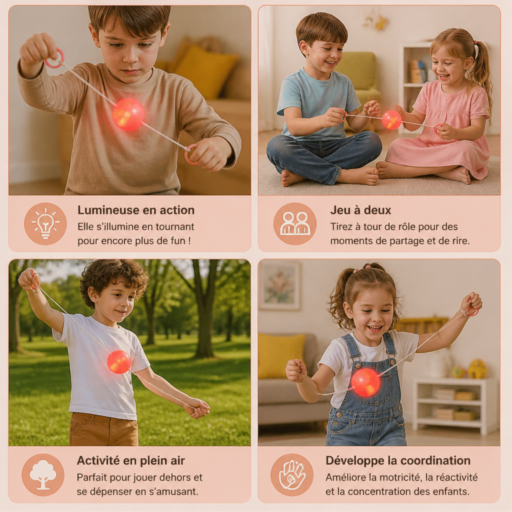 Balle toupie lumineuse et sifflante avec cordon de traction pour enfants