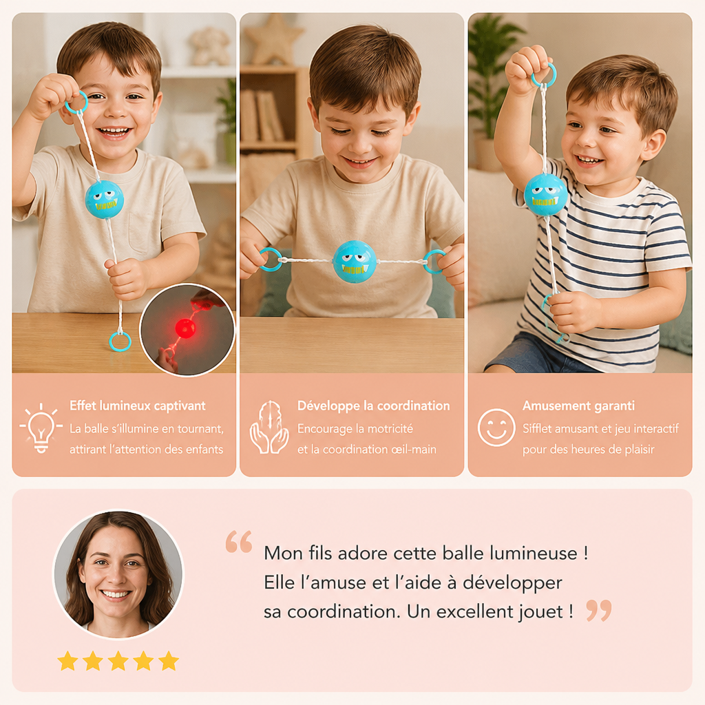 Balle toupie lumineuse et sifflante avec cordon de traction pour enfants