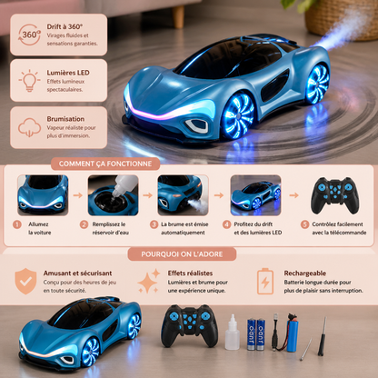 Voiture RC Lumineuse de Drift avec Effet de Brumisation et Station de Recharge