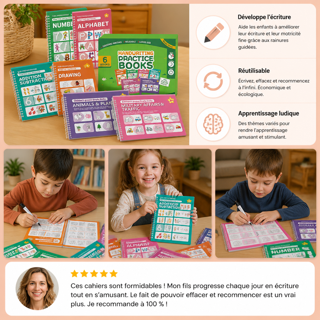 Cahiers D’exercices D’écriture Réutilisables Avec Rainures Pour Enfants – Set De 6 Pièces Pour Tracer Et Écrire