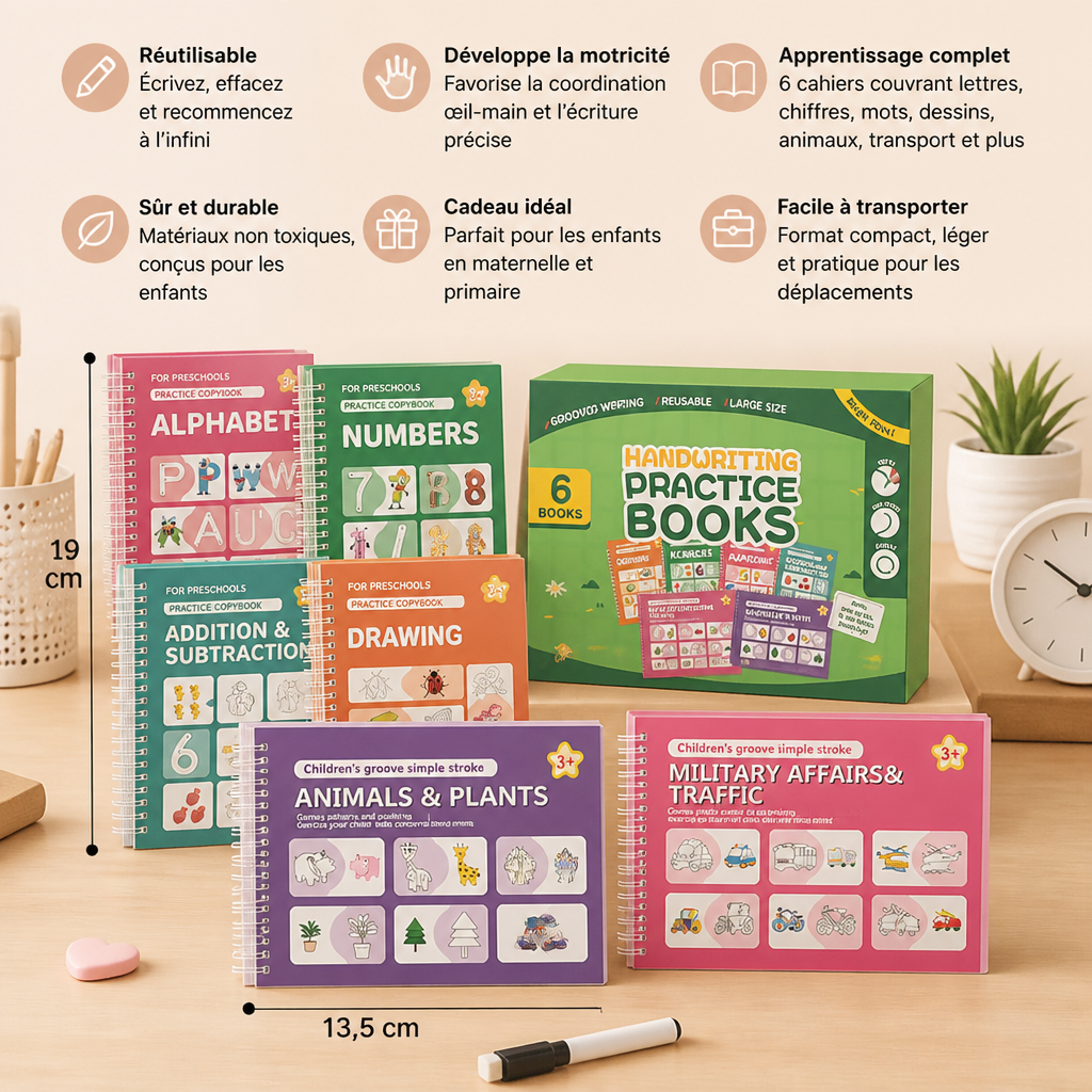 Cahiers D’exercices D’écriture Réutilisables Avec Rainures Pour Enfants – Set De 6 Pièces Pour Tracer Et Écrire