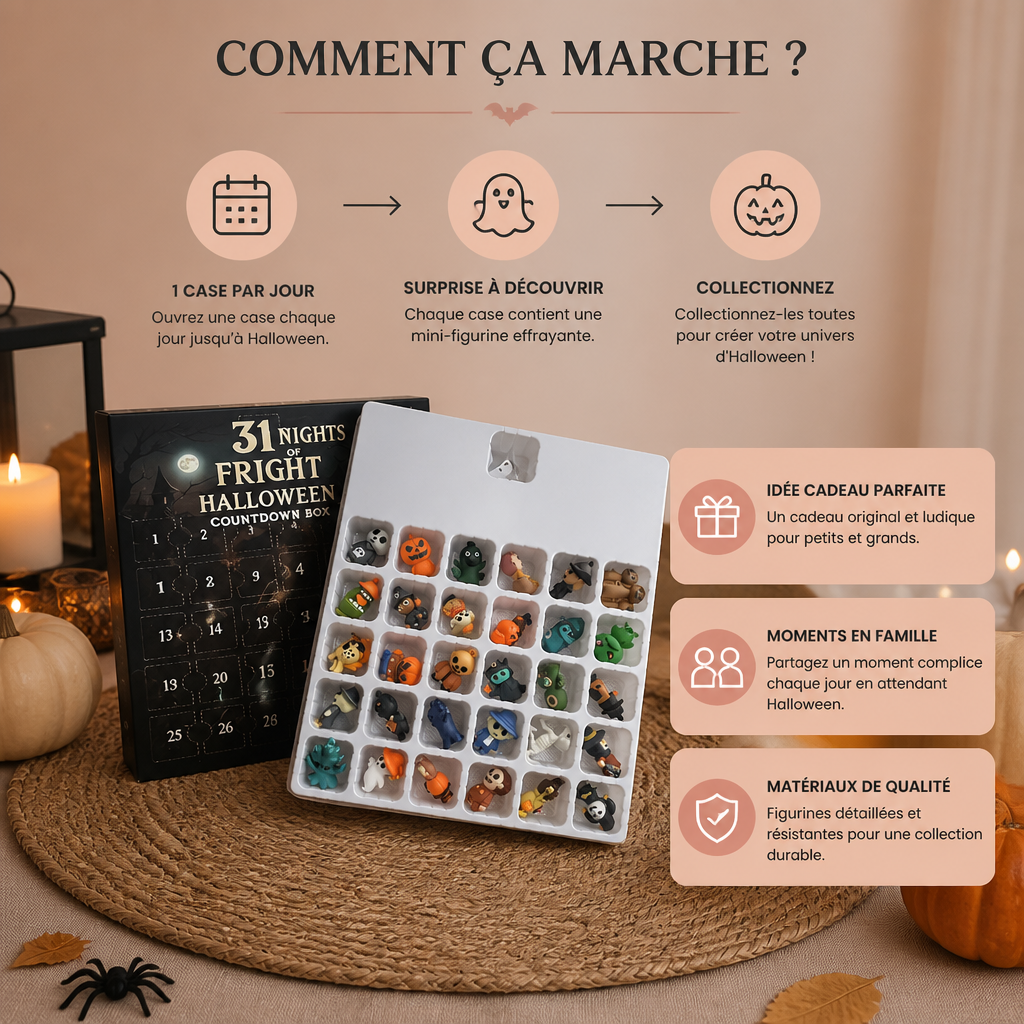 Calendrier de compte à rebours d’Halloween avec des mini-figurines surprises effrayantes et des pendentifs
