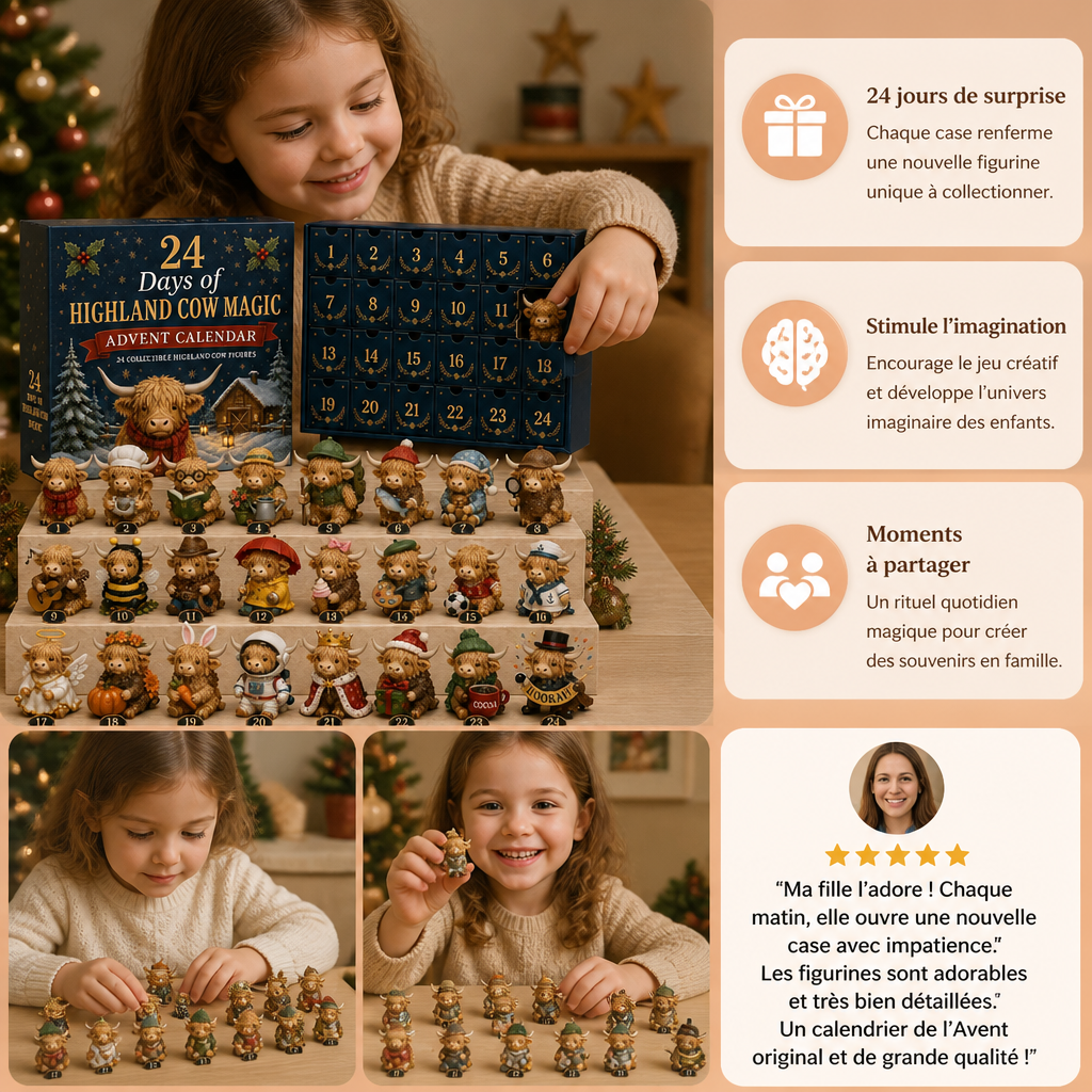 Calendrier de l’Avent de 24 jours avec des mini-figurines de vaches Highland à collectionner