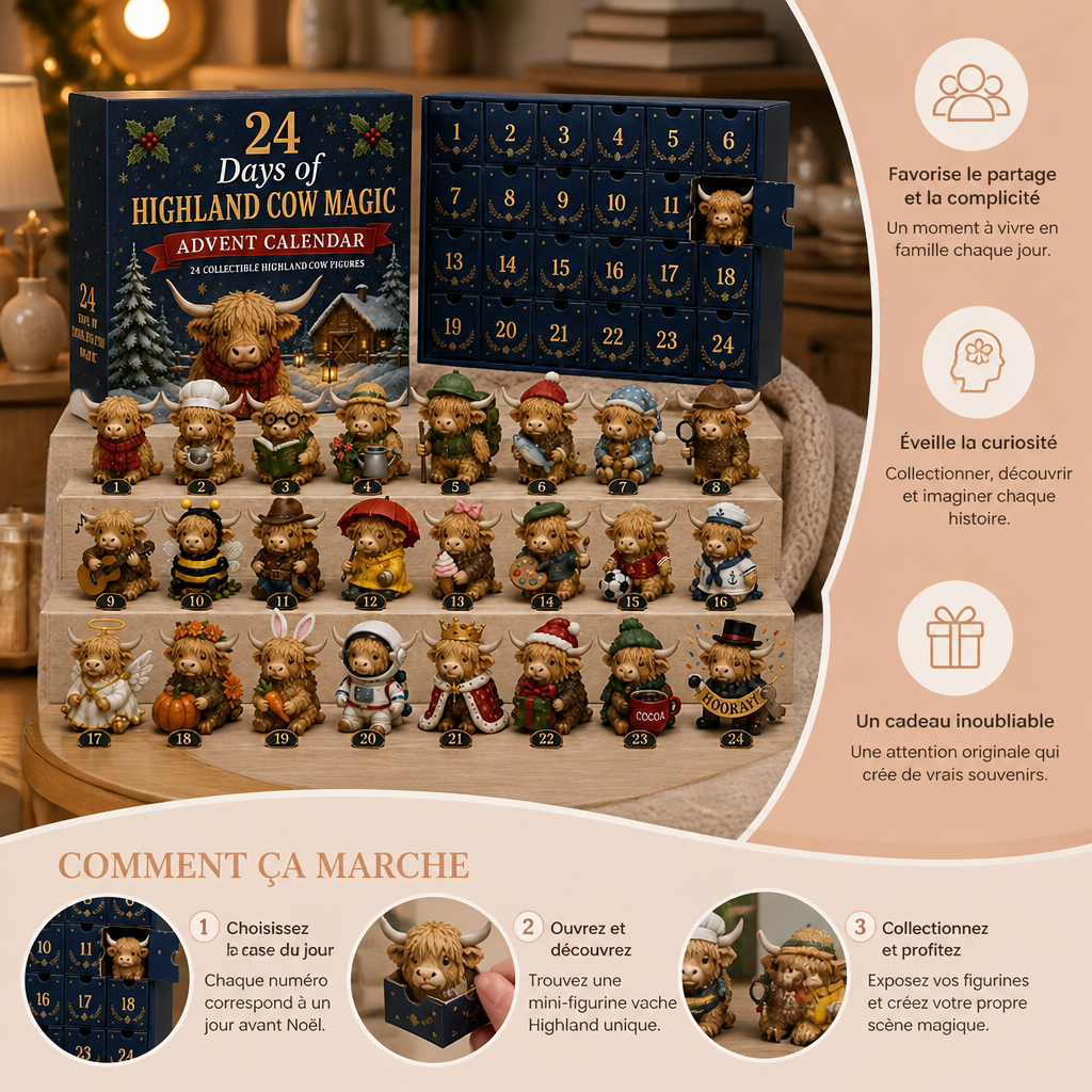 Calendrier de l’Avent de 24 jours avec des mini-figurines de vaches Highland à collectionner