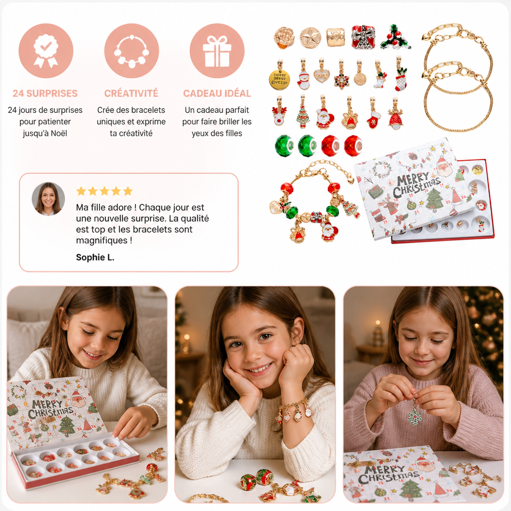 Calendrier de l’Avent de 24 jours avec bracelets de Noël – Kit DIY de création de bijoux pour filles