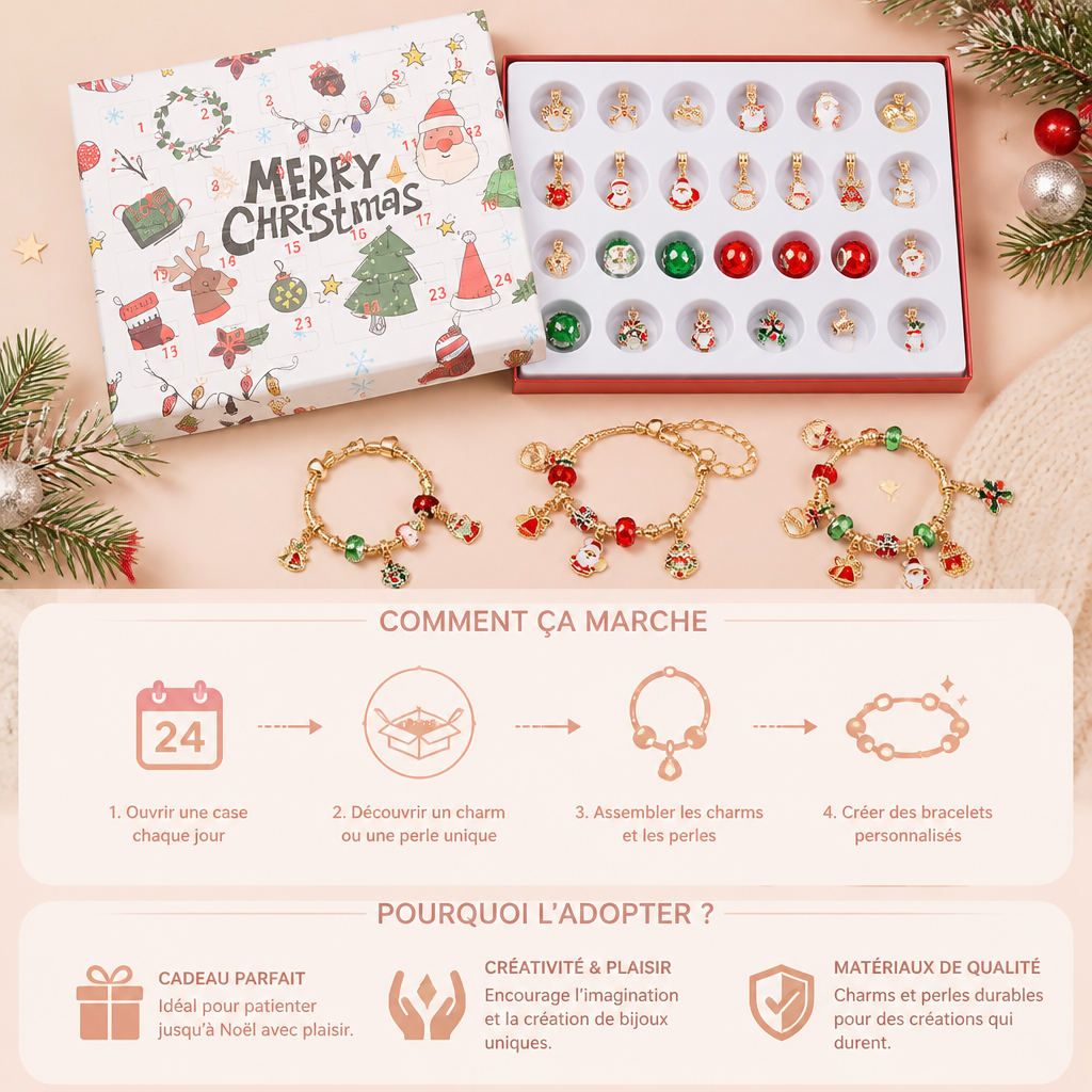 Calendrier de l’Avent de 24 jours avec bracelets de Noël – Kit DIY de création de bijoux pour filles