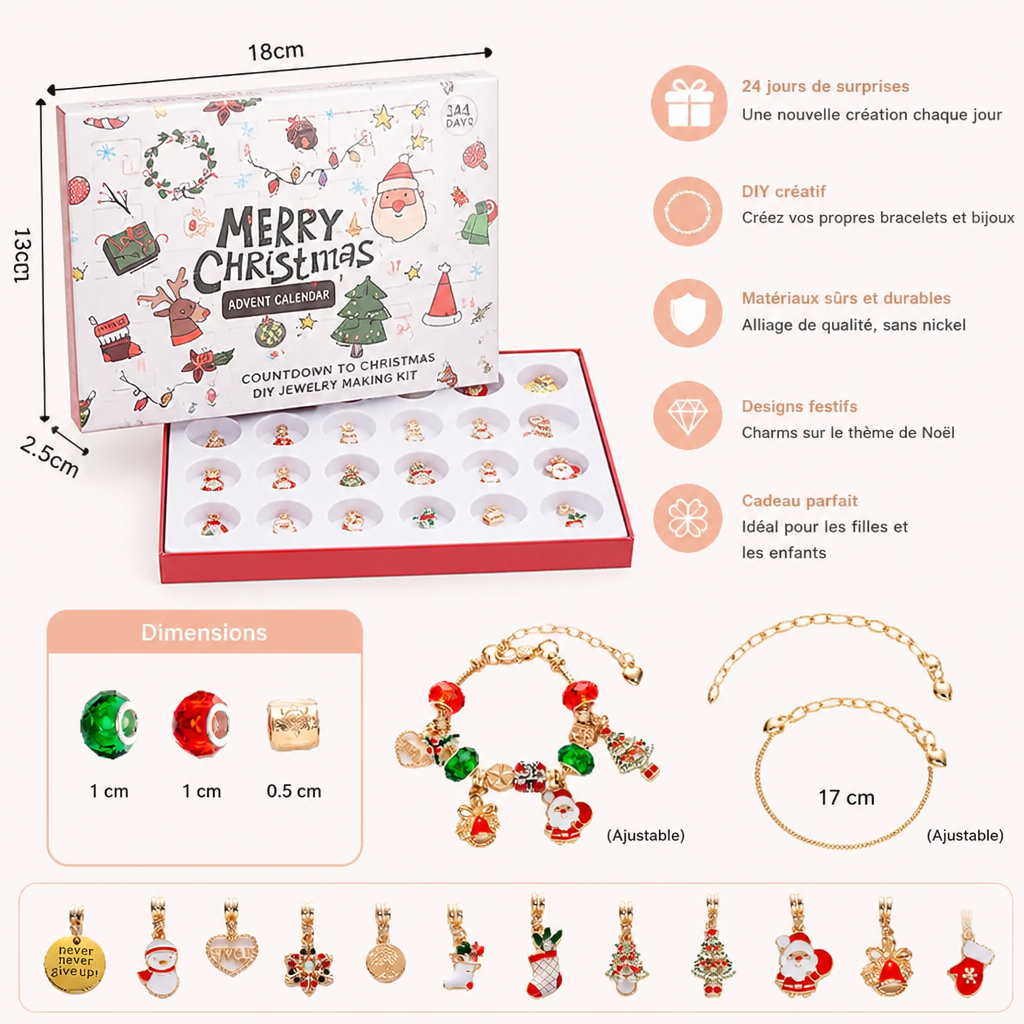 Calendrier de l’Avent de 24 jours avec bracelets de Noël – Kit DIY de création de bijoux pour filles