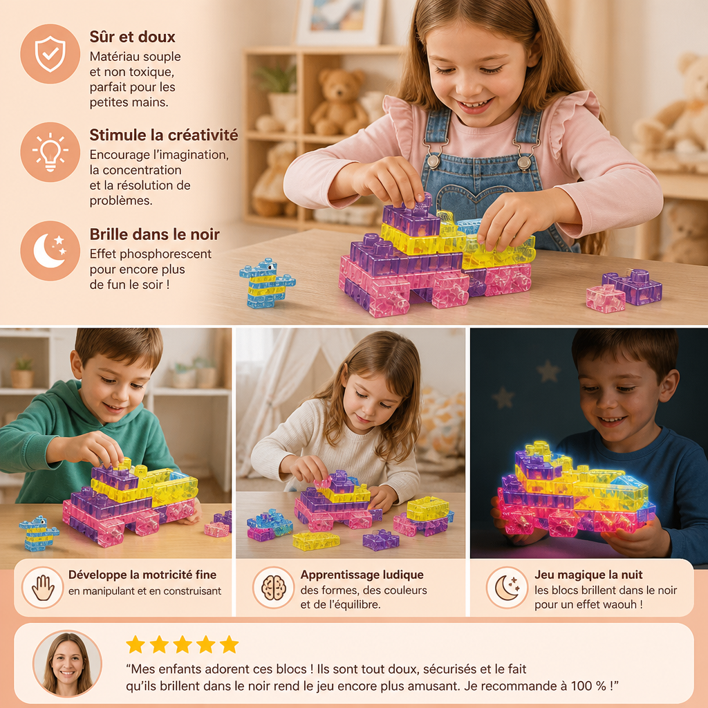 Blocs de Construction Squishy en Gelée Phosphorescents pour Enfants – Sûrs et Doux