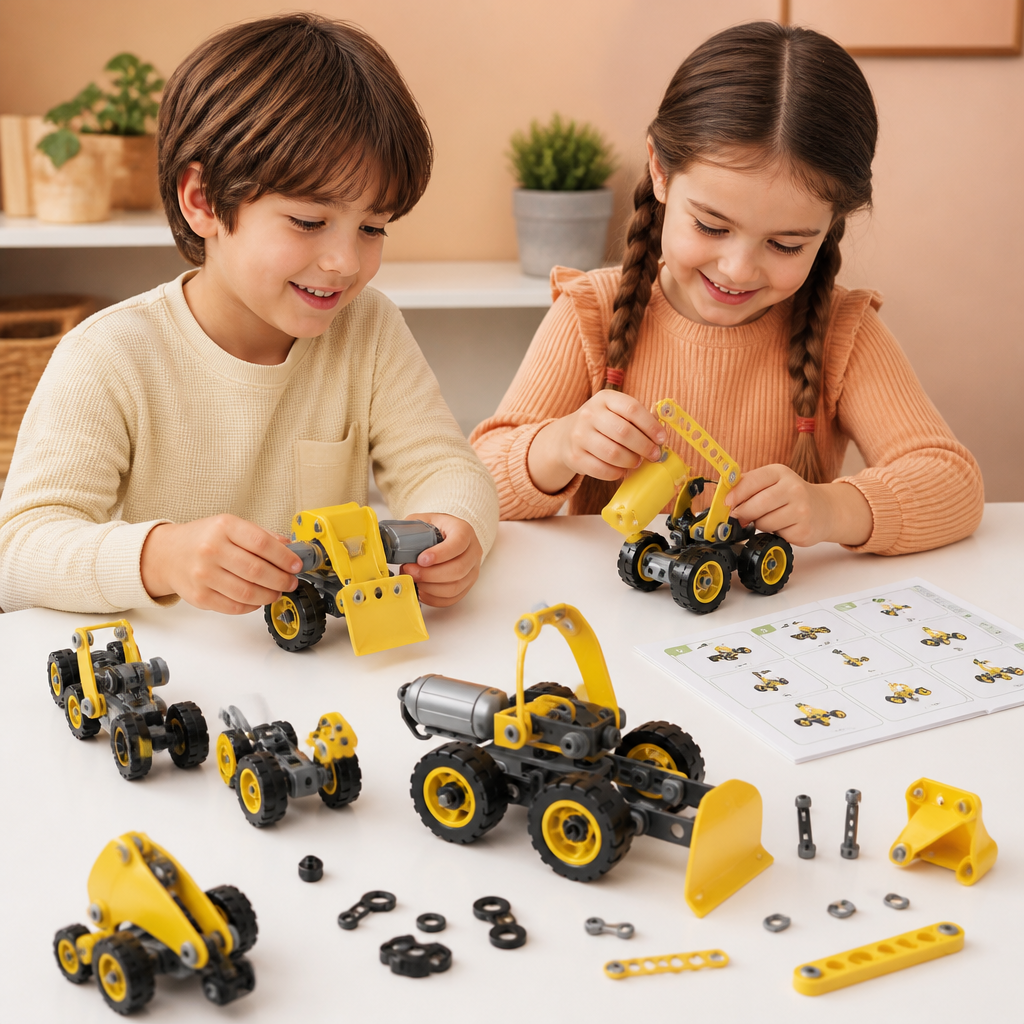 Kit de Construction Créatif Électrique 10 en 1 de Véhicules de Chantier pour Enfants