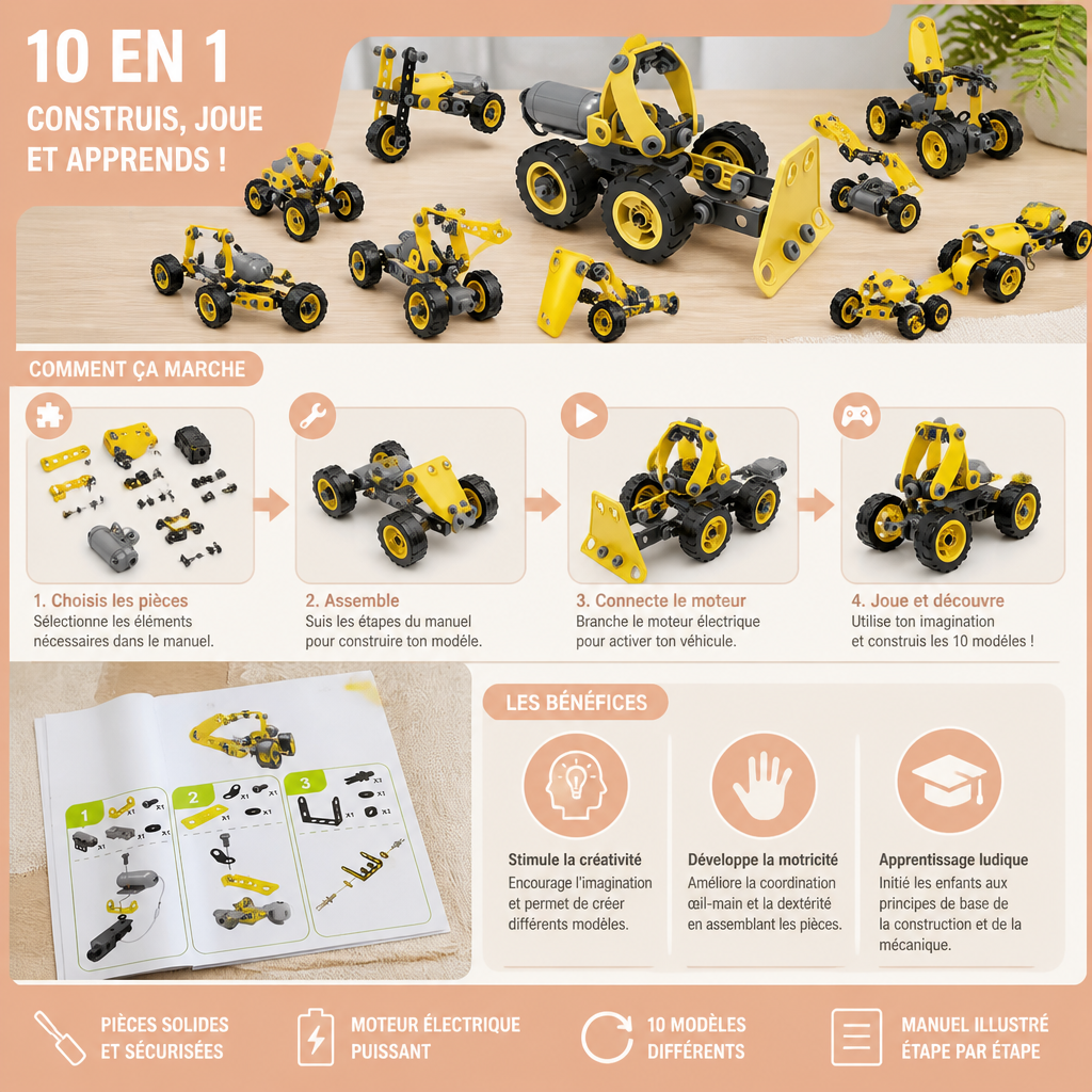 Kit de Construction Créatif Électrique 10 en 1 de Véhicules de Chantier pour Enfants