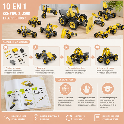 Kit de Construction Créatif Électrique 10 en 1 de Véhicules de Chantier pour Enfants