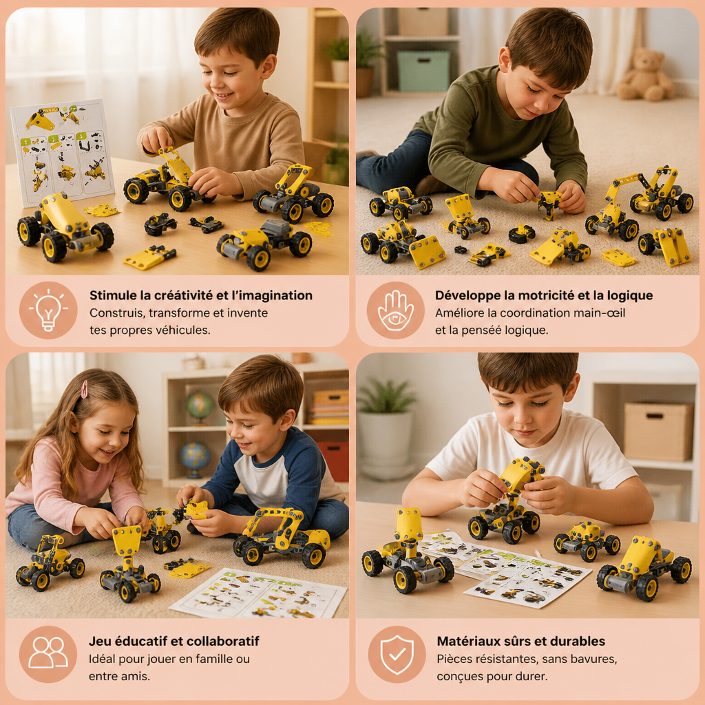 Kit de Construction Créatif Électrique 10 en 1 de Véhicules de Chantier pour Enfants