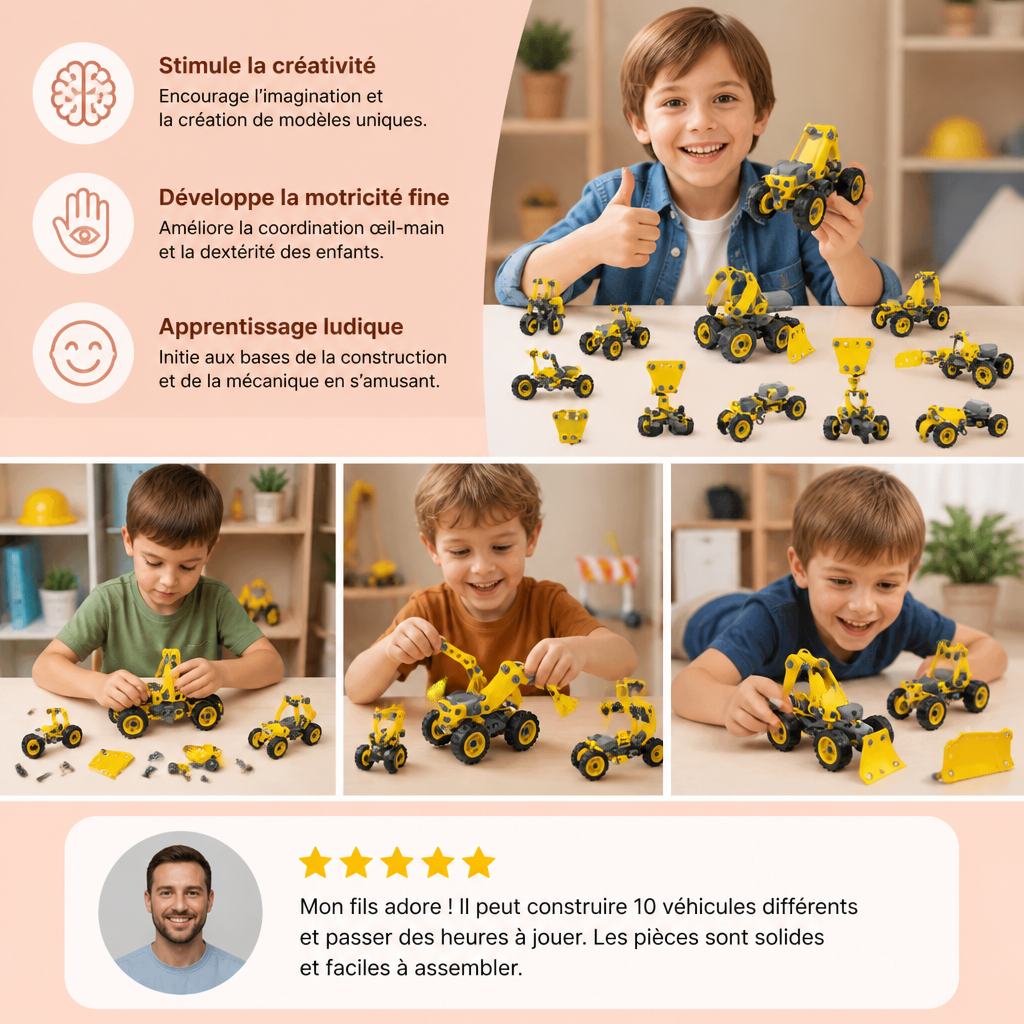 Kit de Construction Créatif Électrique 10 en 1 de Véhicules de Chantier pour Enfants