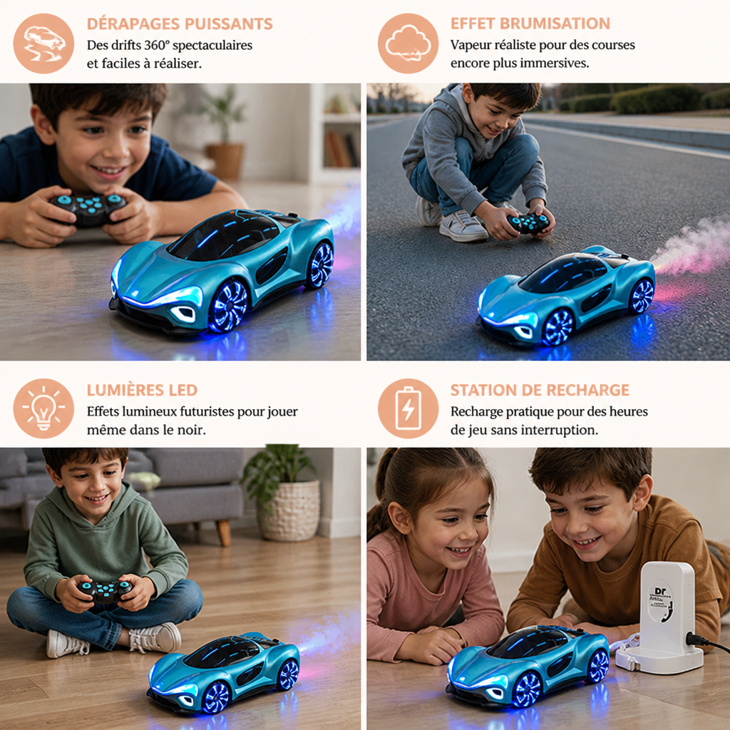 Voiture RC Lumineuse de Drift avec Effet de Brumisation et Station de Recharge
