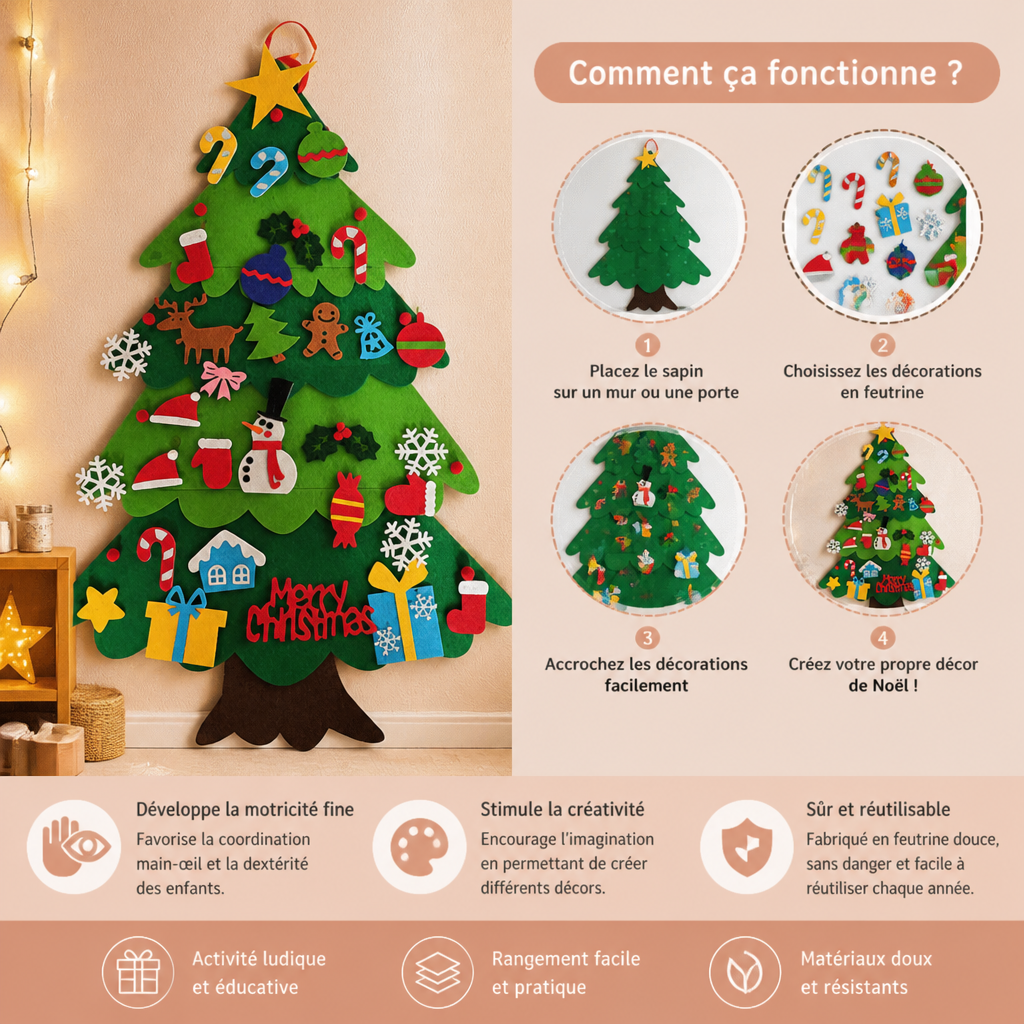 Sapin de Noël en Feutrine DIY pour Enfants avec Décorations à Accrocher