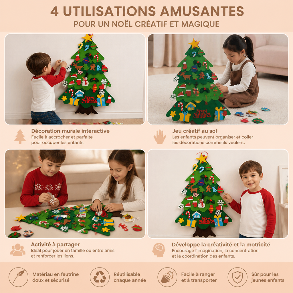 Sapin de Noël en Feutrine DIY pour Enfants avec Décorations à Accrocher