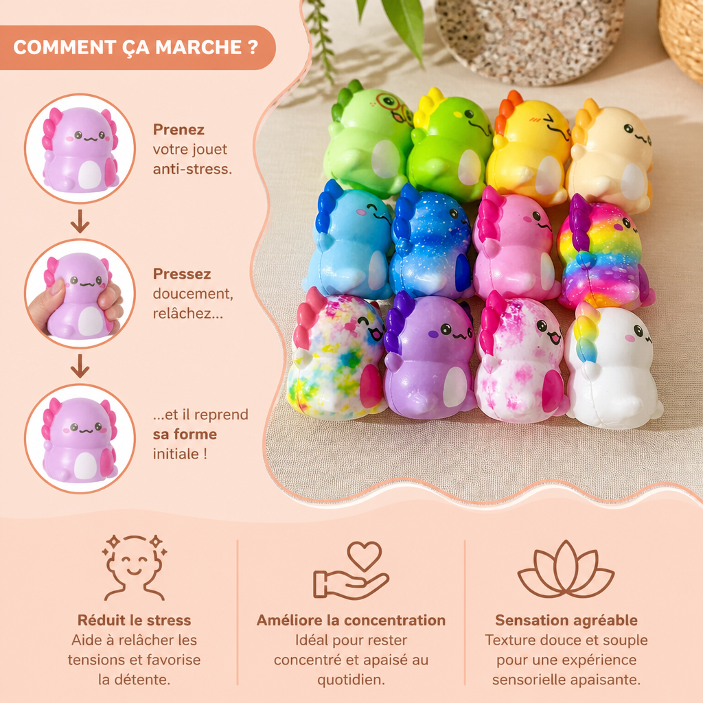 Lot de 12 Squishies Axolotl Doux – Jouets Antistress