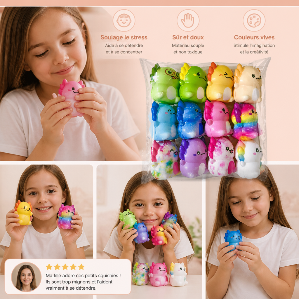Lot de 12 Squishies Axolotl Doux – Jouets Antistress