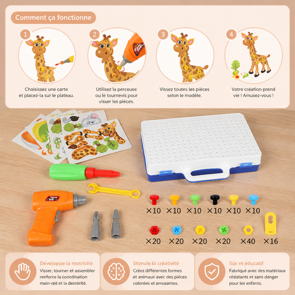 Safari-Tier-Bausteinset mit elektrischem Spielzeugbohrer für Kinder