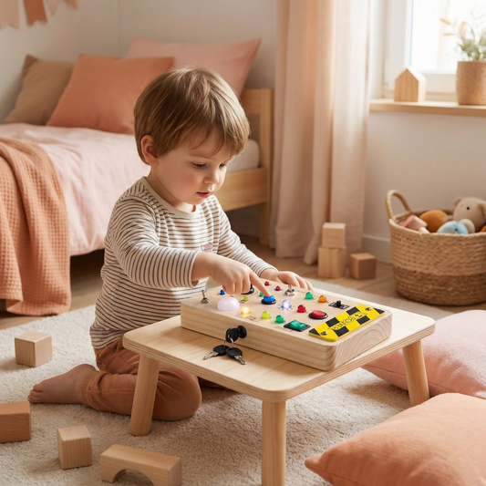 Planche sensorielle Montessori en bois avec lumières et interrupteurs – jouet de motricité pour enfants