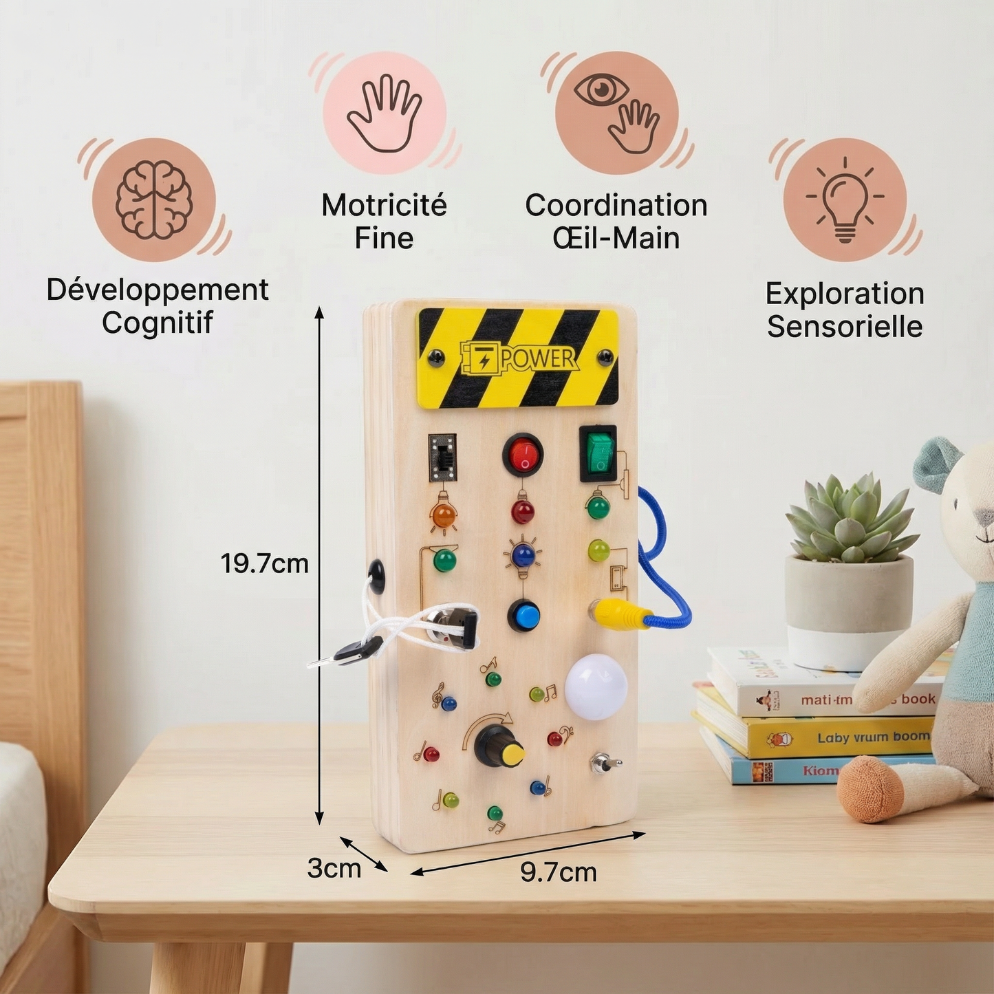 Planche sensorielle Montessori en bois avec lumières et interrupteurs – jouet de motricité pour enfants