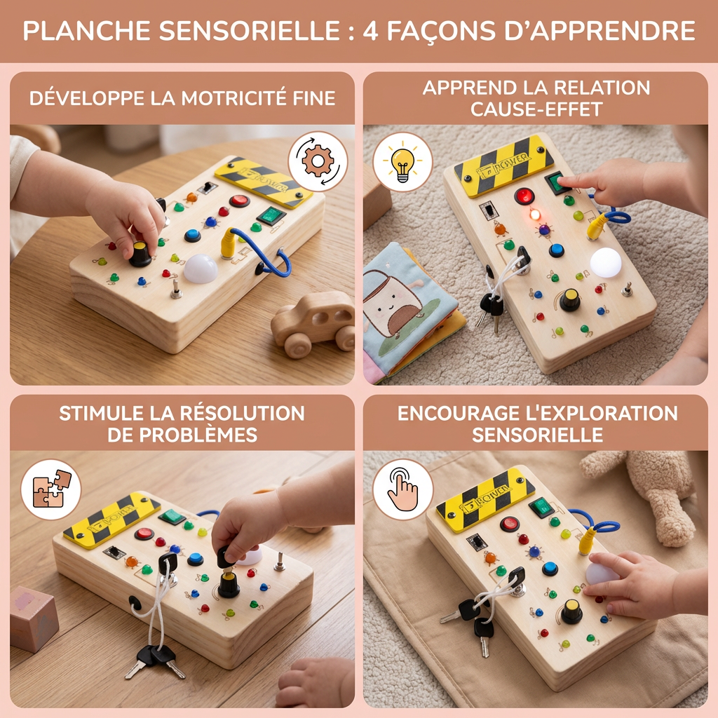 Planche sensorielle Montessori en bois avec lumières et interrupteurs – jouet de motricité pour enfants