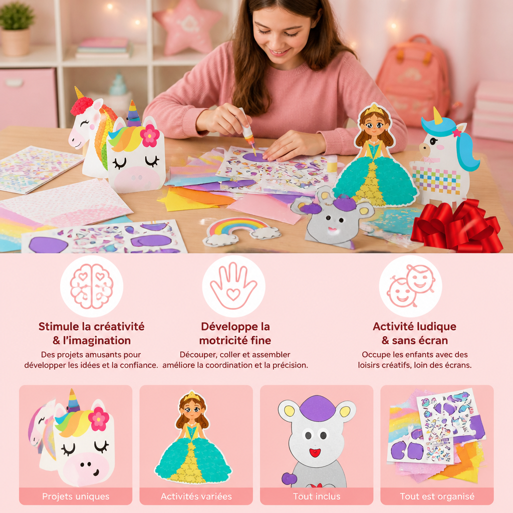 Boîte de Loisirs Créatifs en Papier pour Enfants – 20 Projets DIY Faciles pour Enfants de 3 à 10 Ans avec Bâton de Colle, Ruban et Enveloppes