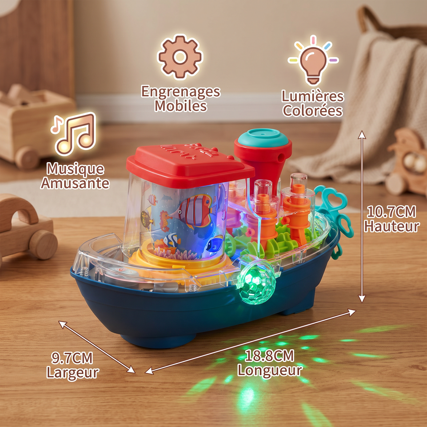 Bateau à Engrenages Lumineux – Jouet Électrique Musical pour Enfants