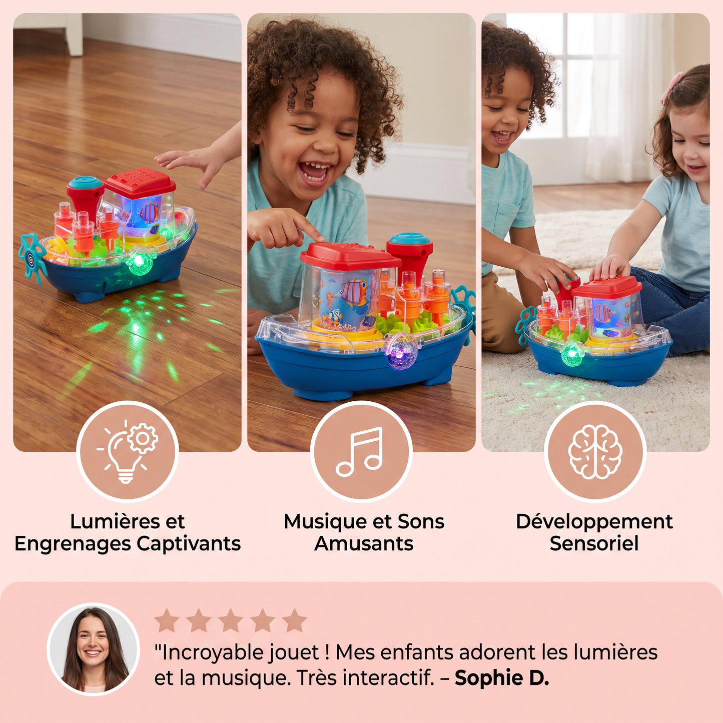 Bateau à Engrenages Lumineux – Jouet Électrique Musical pour Enfants