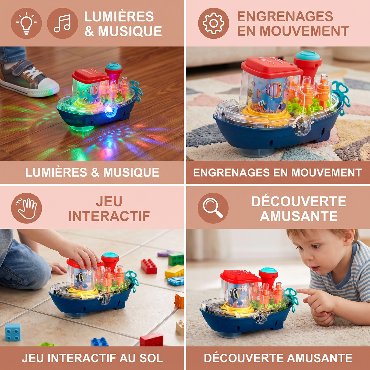 Bateau à Engrenages Lumineux – Jouet Électrique Musical pour Enfants